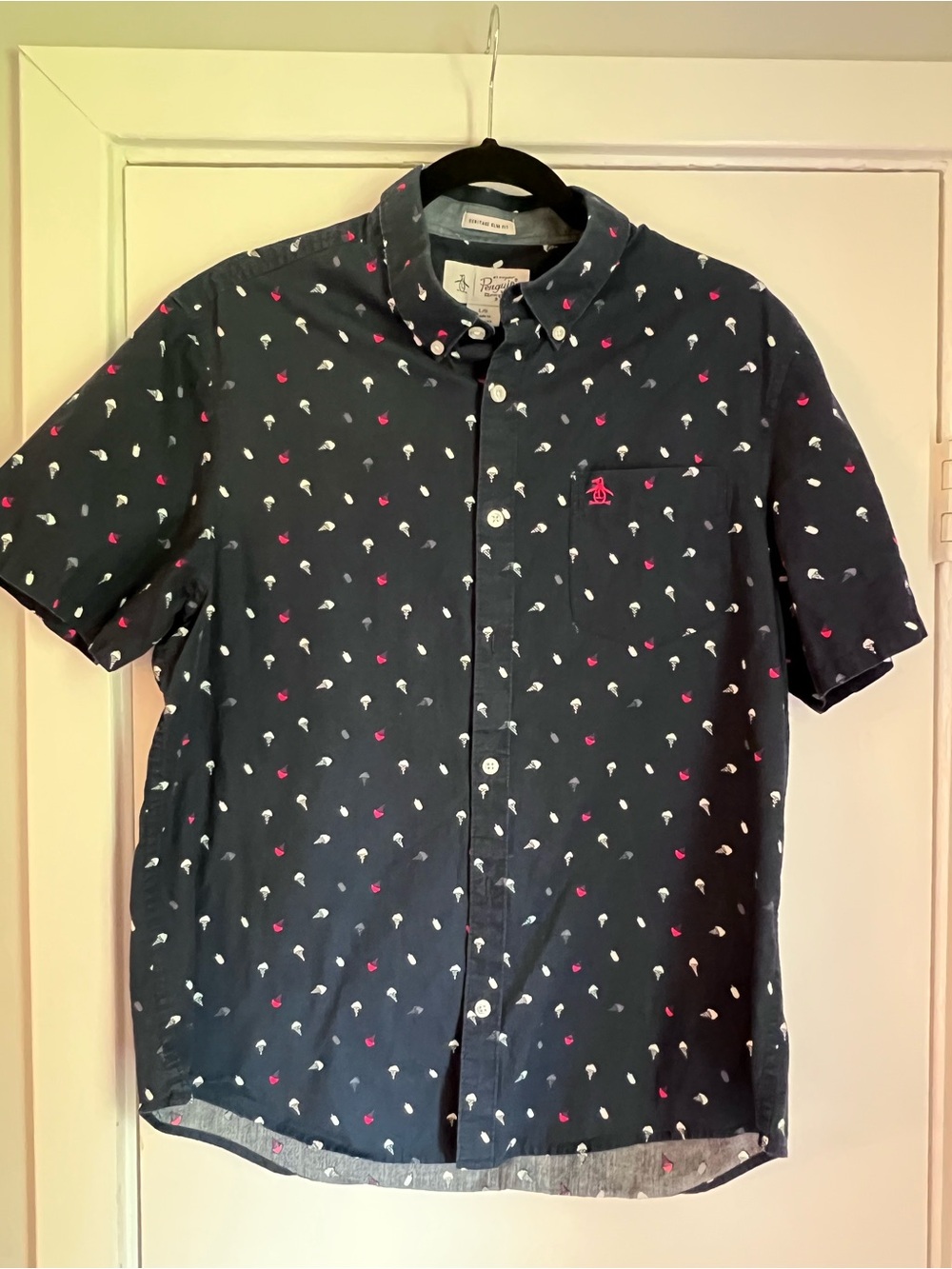 Original Penguin Heritage Slim Fit Navy Print Short Sleeve Point Collar Shirt L
